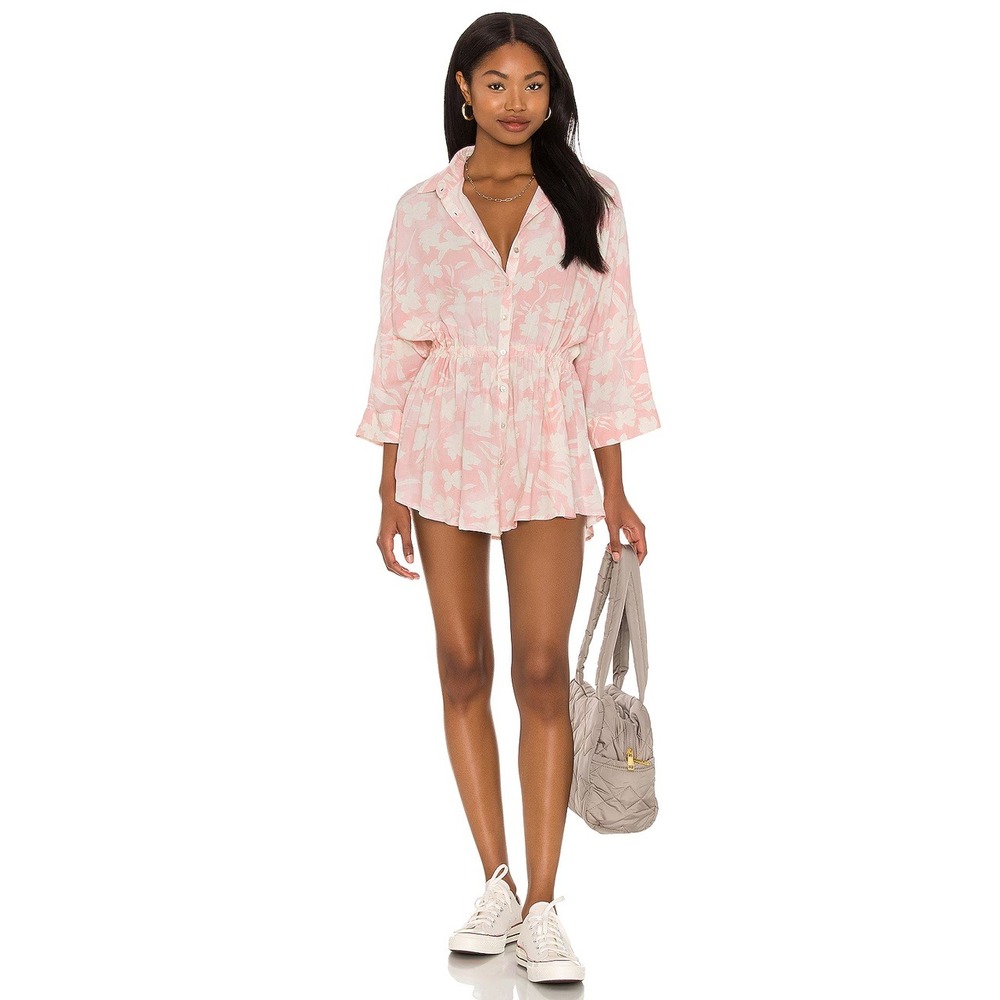 L*Space Pacifica Floral Tunic Cover Up Drawstring Waist Pink White‎ Women XS
